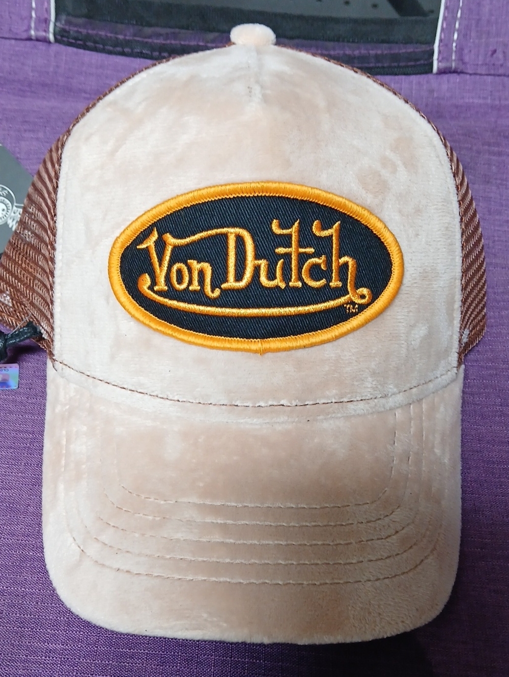 Von Dutch Beige Velvet Trucker Hat with Gold Embroidered Logo